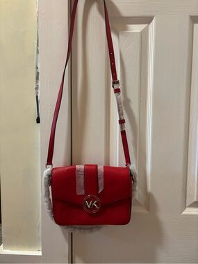 Michael Kors Red Leather MK Logo Crossbody Shoulder Bag